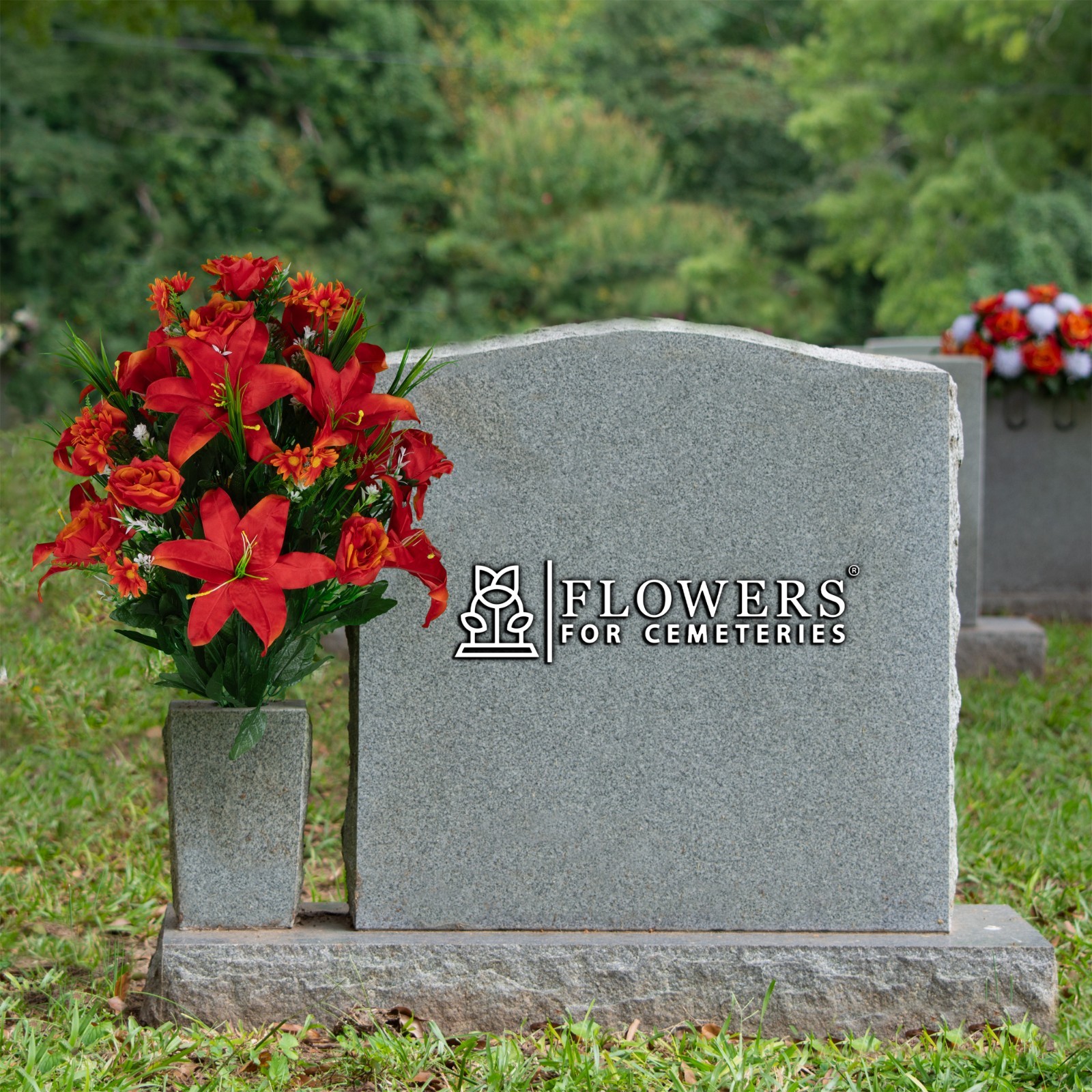 Artificial Cemetery Flowers for Vase – Fire Red Lily, Rose, and Daisies