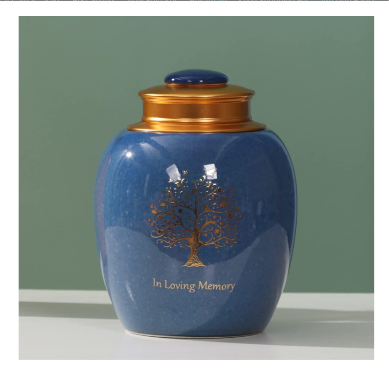 Ceramic Tree of Life Urn for Human Pet Ashes 65 Cu in Keepsake Medium Blue Jar