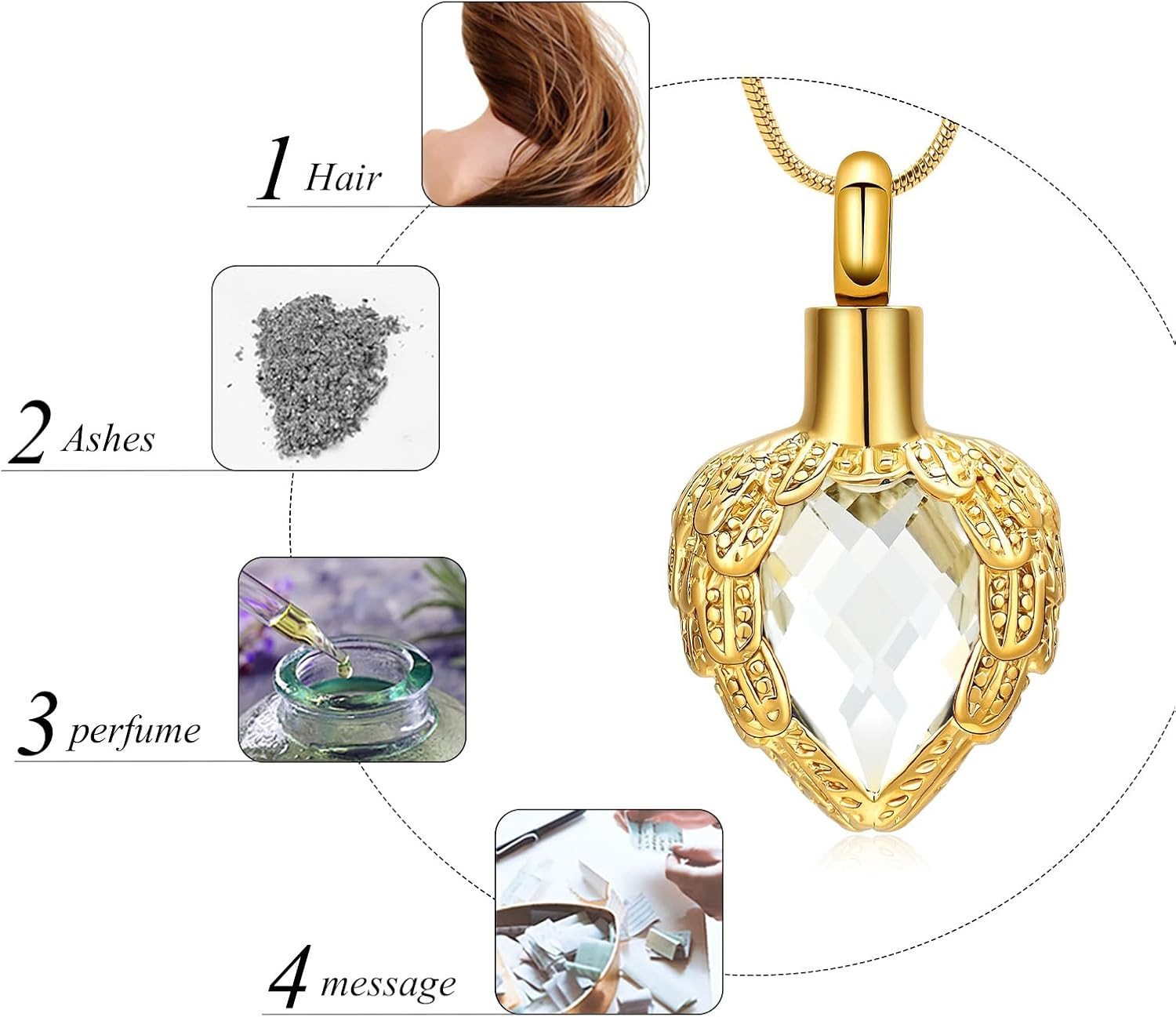 Gold Angel Wings Glass Heart Urn Pet/Human Cremation Pendant Necklace Jewelry fo