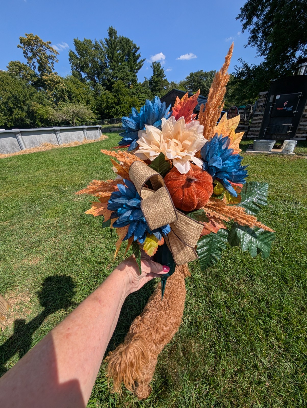 Fall Rust and Blue Cemetery Vase cone arrangement- Autumn florals