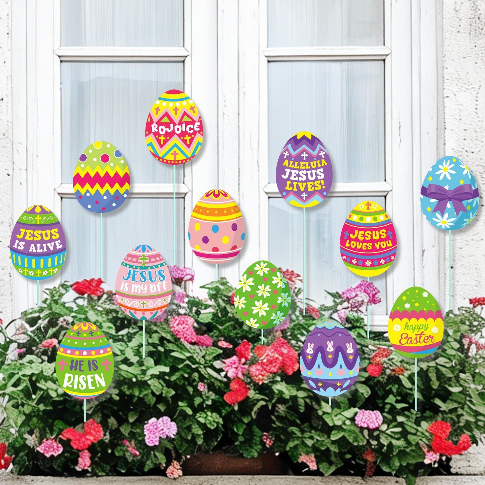 Easter Planter Stakes 12Pcs Garden Signs Bunny Chick Jesus Egg 5.9 Inches