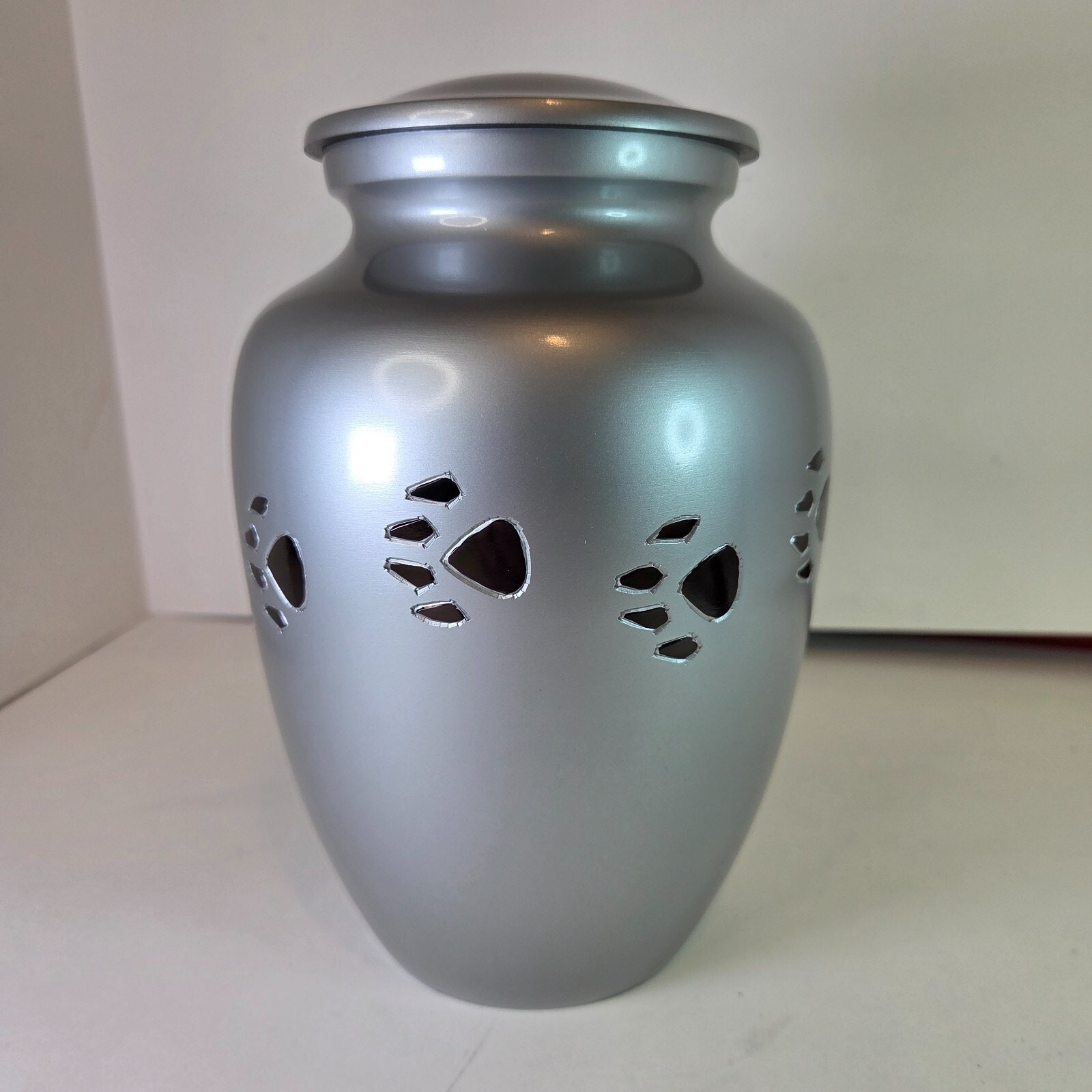 Paw Print Pet Cremation Urn Silver Pewter 8″