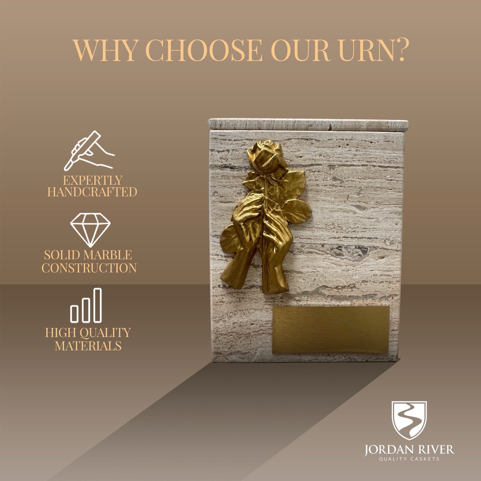 Marble Cremation Urn , With Golden Hands And Rose Design.