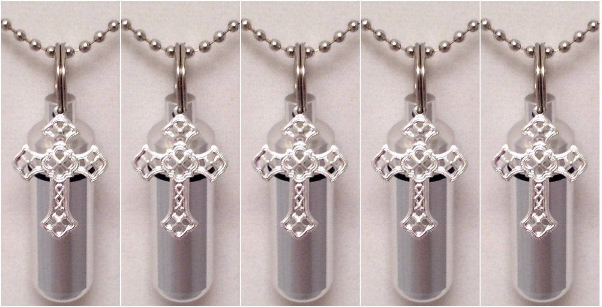 Set of FIVE Silver Filigree Cross CREMATION URNS w/Pouches, Ball-Chains, Funnel