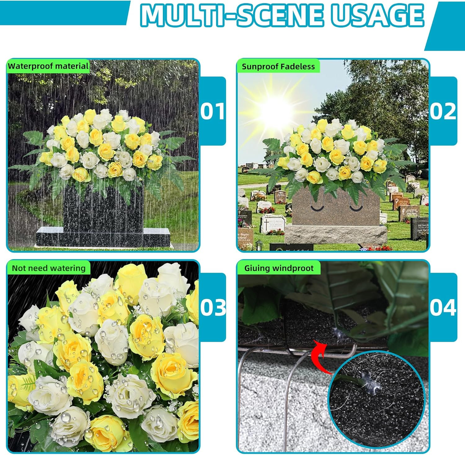 Artificial Cemetery Flowers Saddle – Grave Decoration Headstone Flower Rose for
