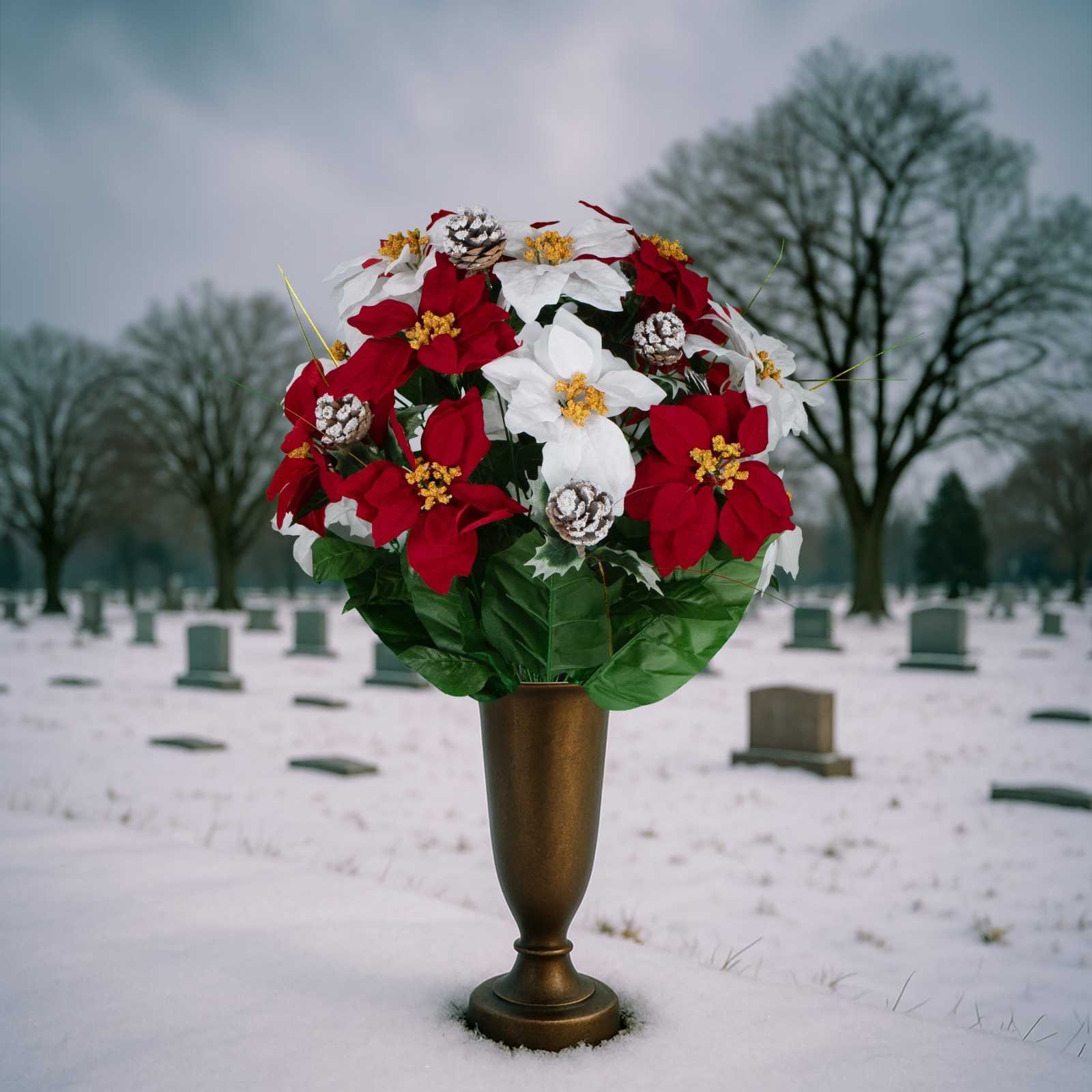 Artificial Flowers for Cemetery – Red and White Poinsettias & Frosted Pinecones