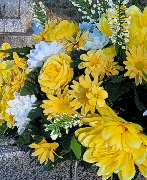 Yellow and White Cemetery Saddle Vase Set, Carnations Headstone Saddle