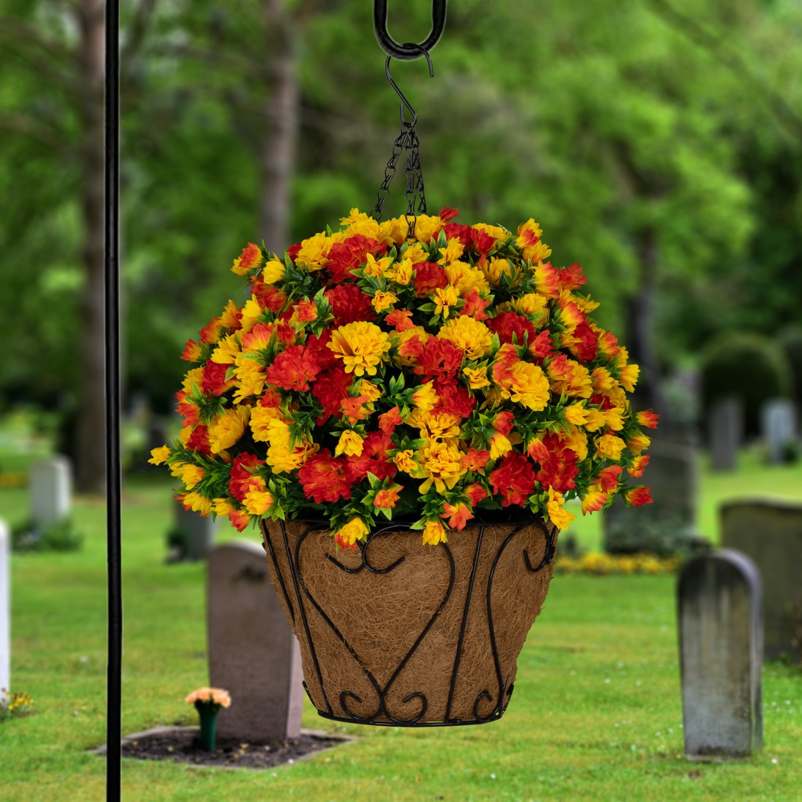 Artificial Cemetery Flowers – Sunset Orange Mums Hanging Basket
