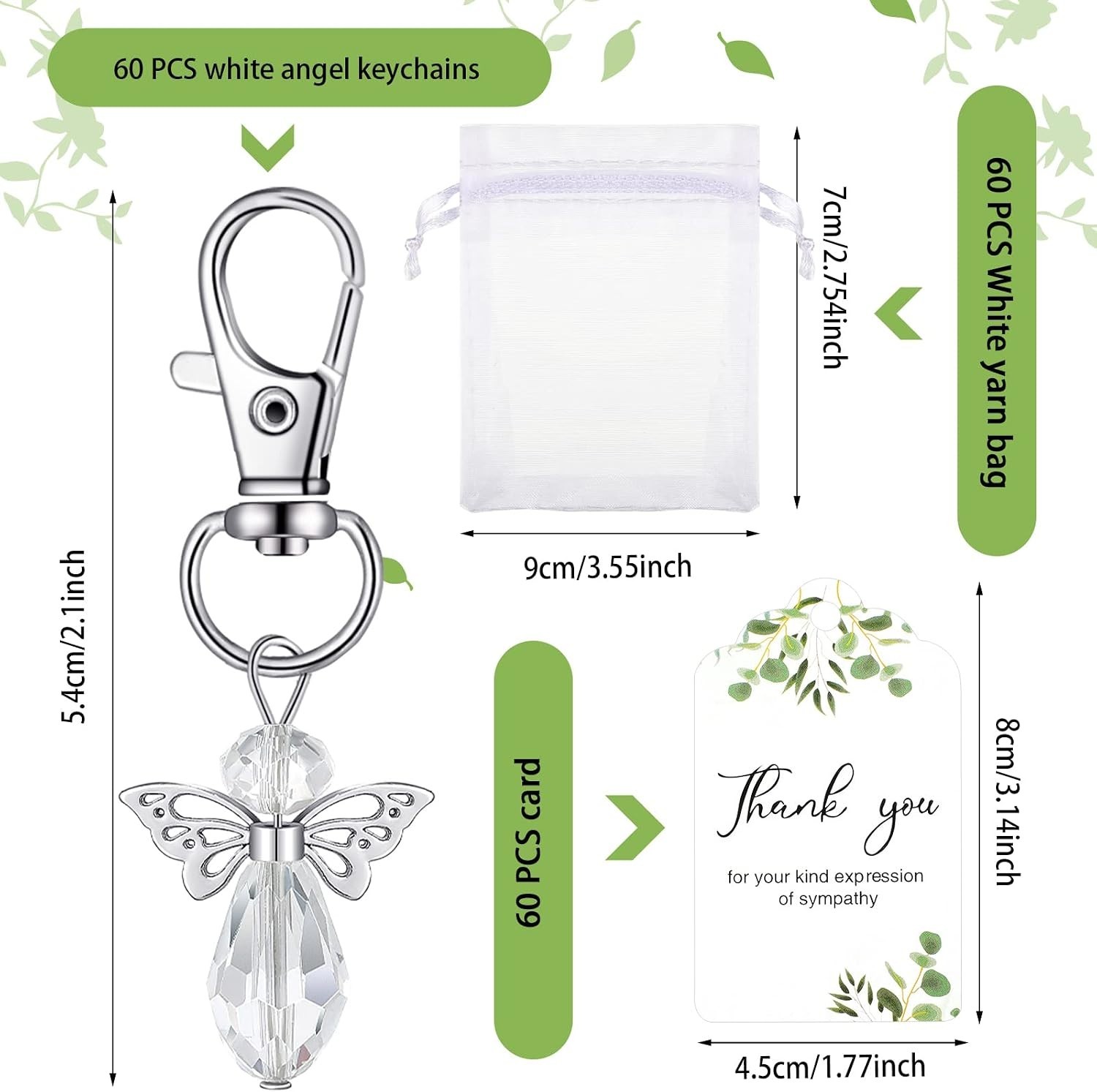 60 Sets Memorial Favors with Angel Keychains, Thank You Tags & Organza Bags