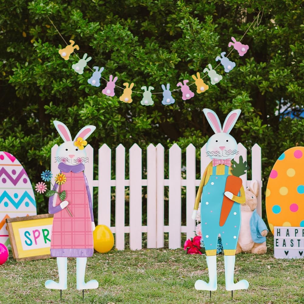 Easter Decorations Outdoor, Set of 2 Metal Bunny Decorative Garden Stakes for…