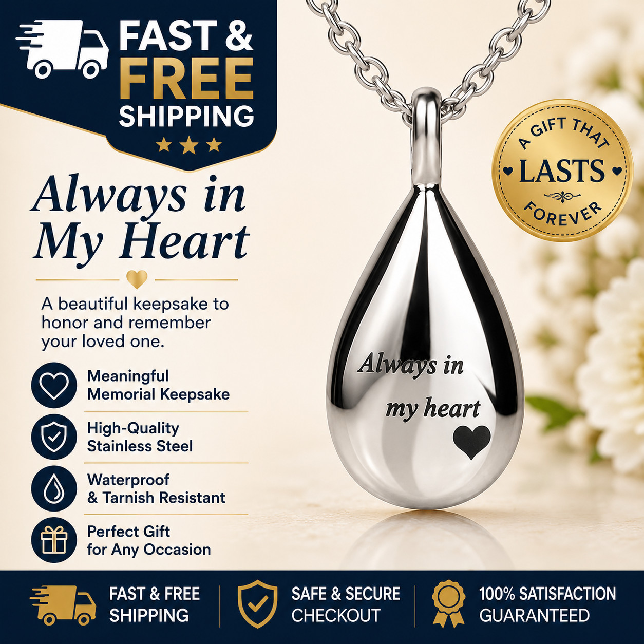 Teardrop Ashes Urn Necklace Cremation Memorial Pendant Keepsake Jewelry Always i