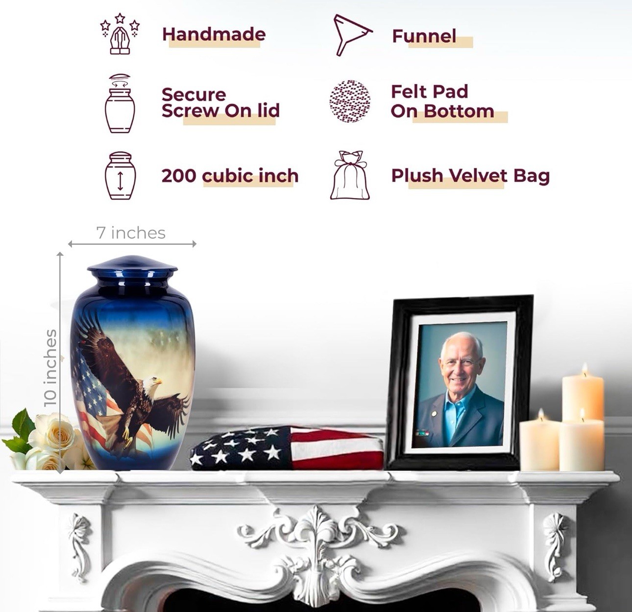 Trupoint Handcrafted Large USA Eagle Veteran Memorial Urn for Ashes With Bag