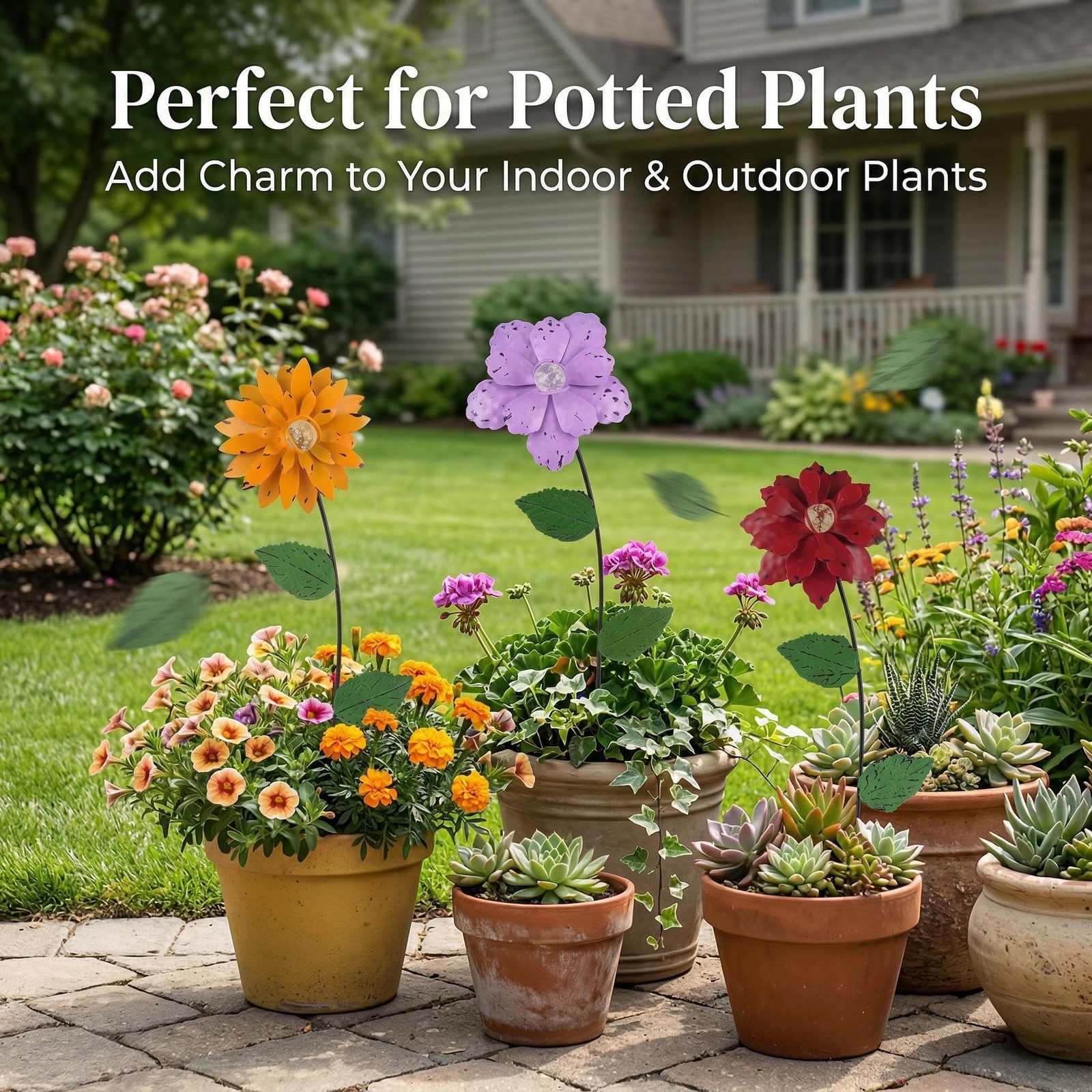 Garden Decor for Outside, 3 Pack Glow in the Dark Flower Garden Stakes, 14″ L…