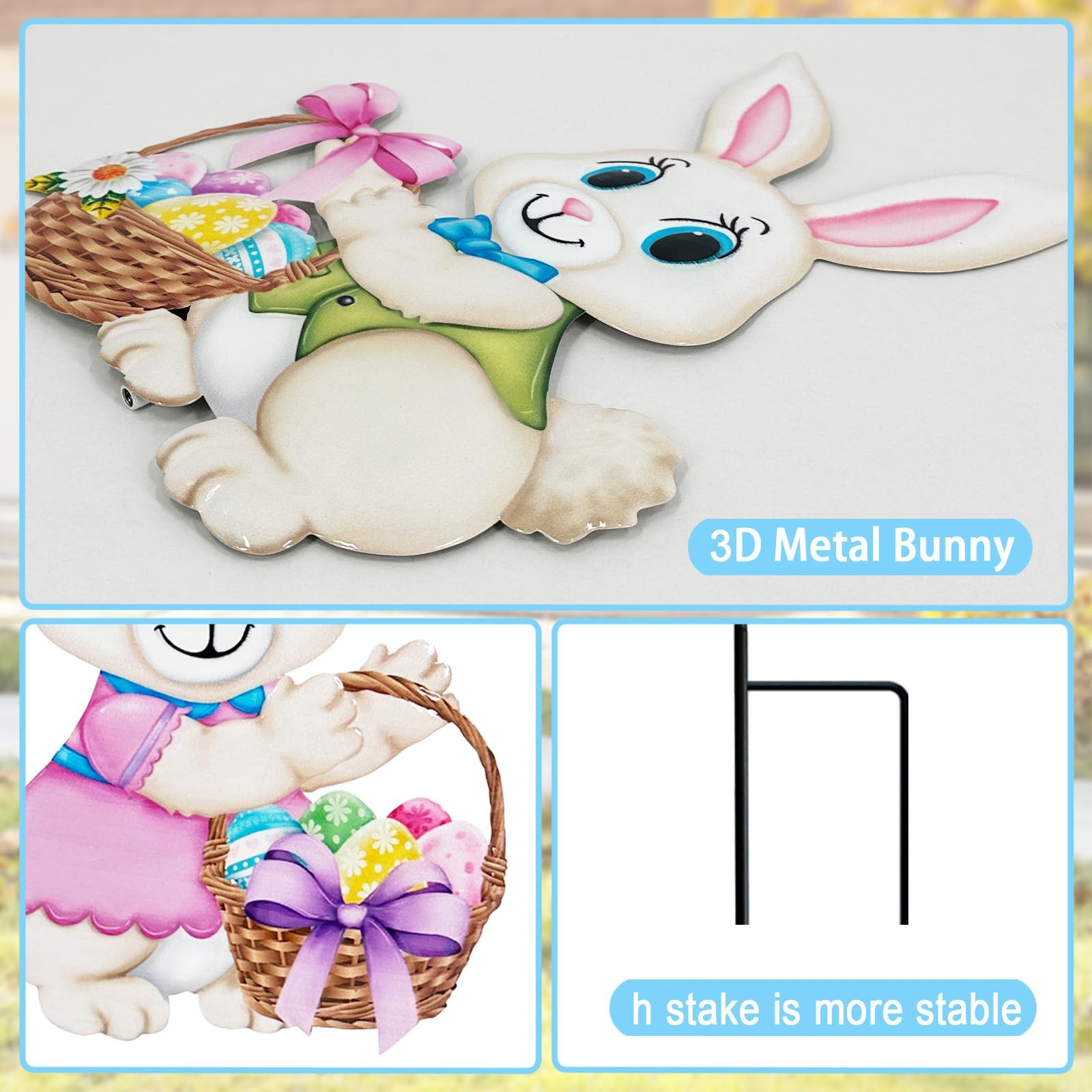 Easter Decorations Outdoor 2 Pack Metal Bunny Yard Signs & Egg Stakes