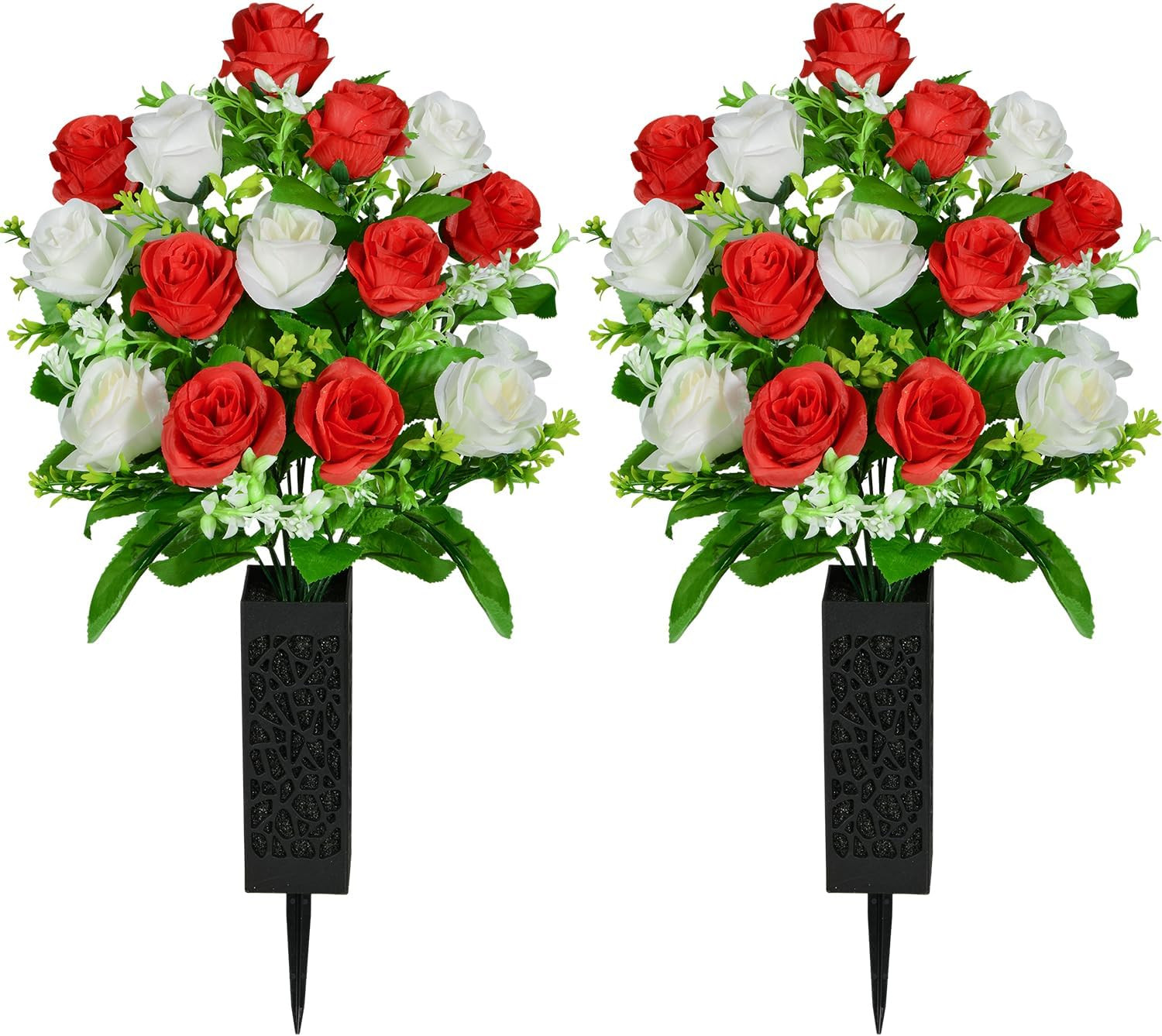 Artificial Cemetery Flowers, Set of 2 Grave Memorial Flowers with Vase, Artifici