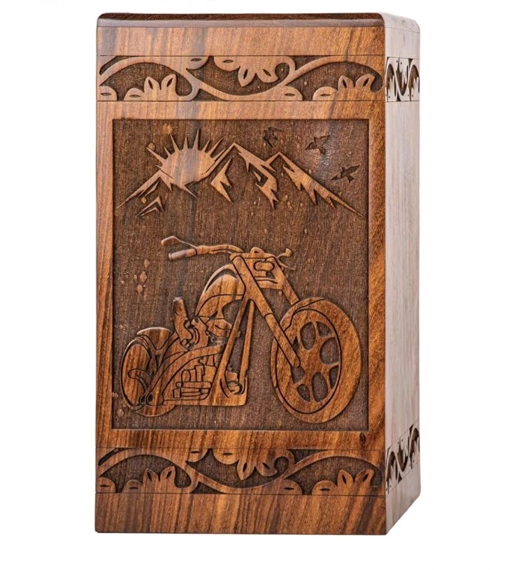 Handcarved Rosewood Urn for Human Ashes, Motorcycle Theme, 250lbs Adult Capacity