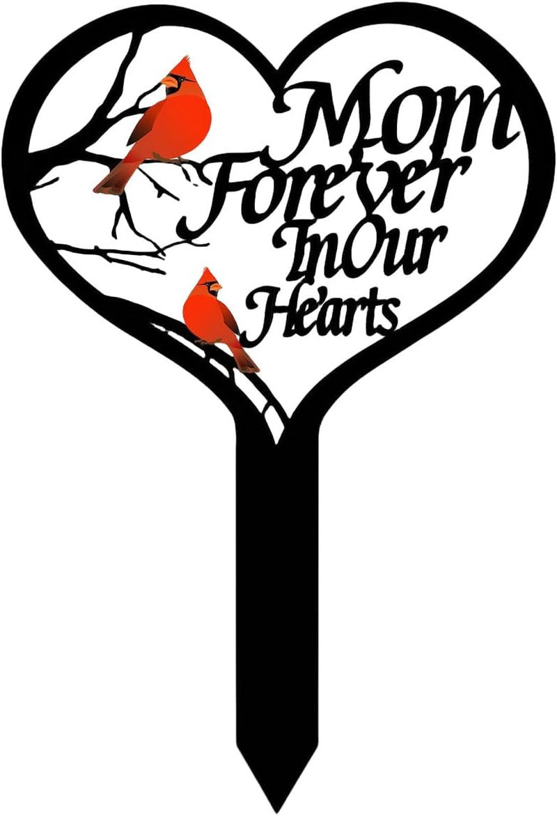 Memorial Stake for Mom – Metal Heart Grave Marker with Red Cardinals, Memorial P