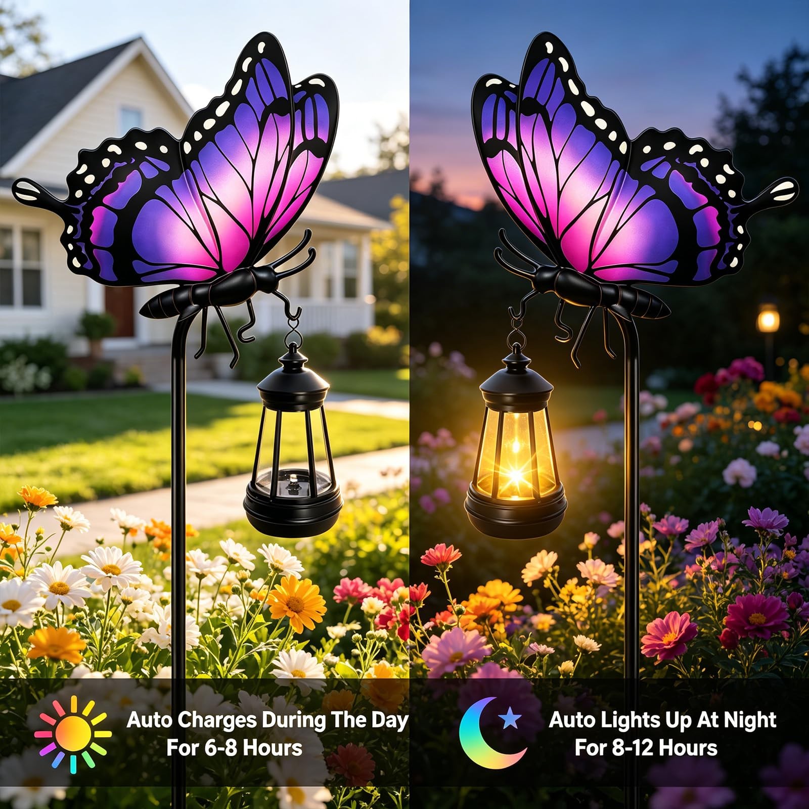 Solar Lights Outdoor Butterfly Garden Decor, 32.9in Purple Butterfly Garden S…