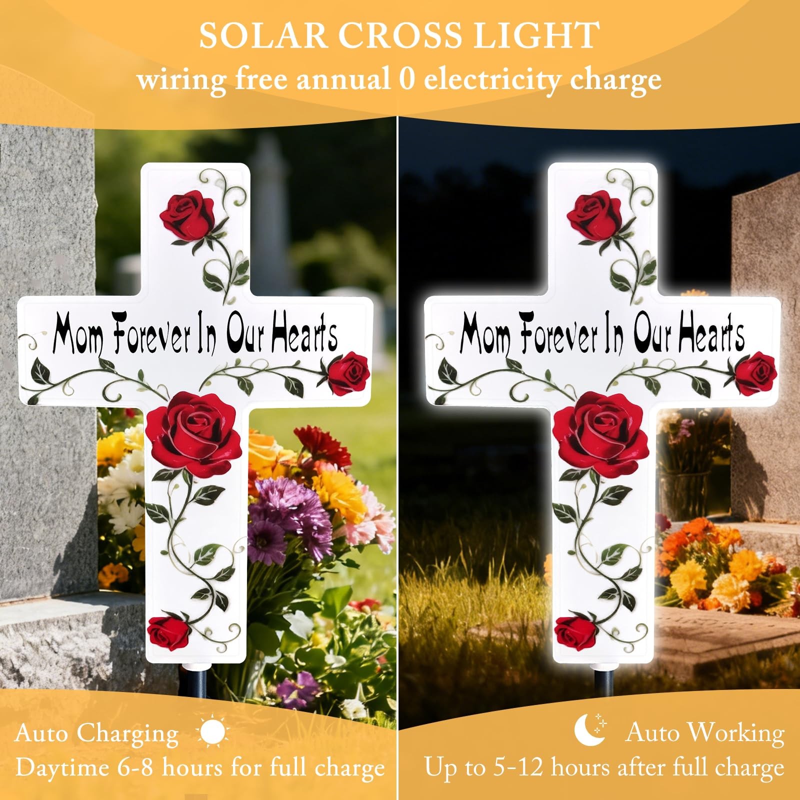 Solar Cross Grave Light Rose Flower Memorial Stake for Cemetery Remembrance