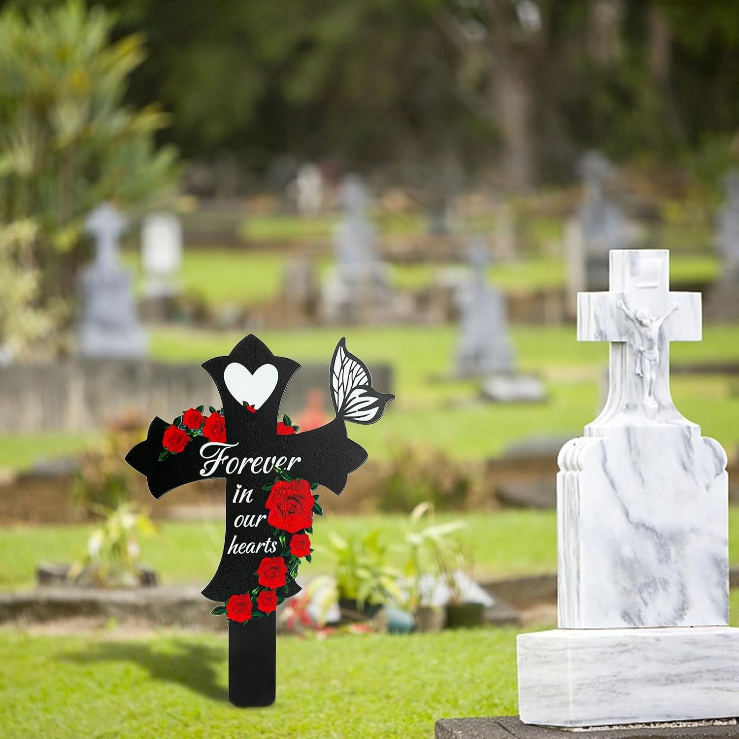 Elegant Family of Three Memorial Cross – Durable Grave Decorations in Black