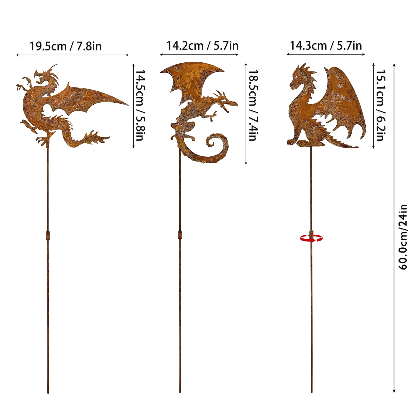 Rusty Fantasy Dragon Garden Stakes Decor, 24 Inch Metal Yard Art Decor, Decorati