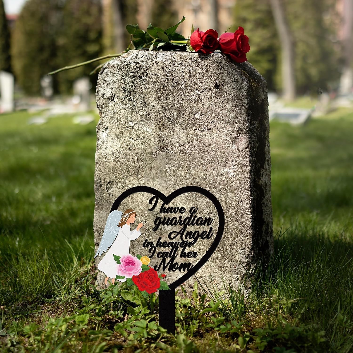 Durable Mother Heart Grave Marker with Guardian Angel Design for Outdoor Tribute