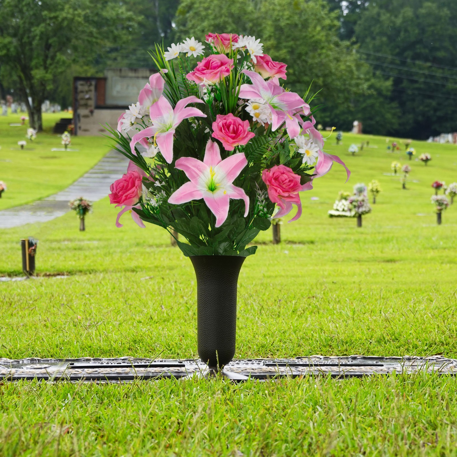 Artificial Cemetery Flowers – Pink Lily and Rose with White Daisies and Vase