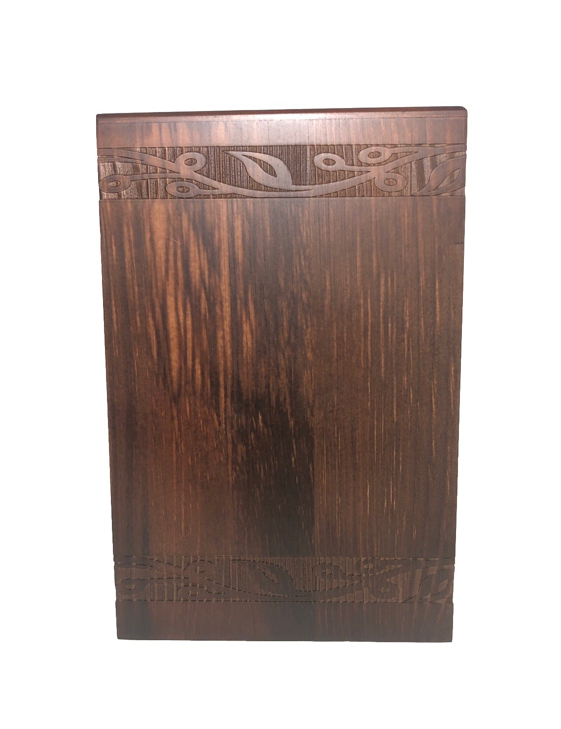 Wood Cremation Urn-222lb Limit, Walnut Stained Pine Wood- Etched Cross Design.
