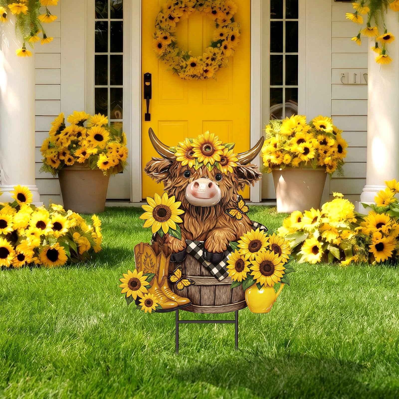 Highland Cow Metal Garden Stakes Outdoor Decor Summer Sunflowers Yard Signs