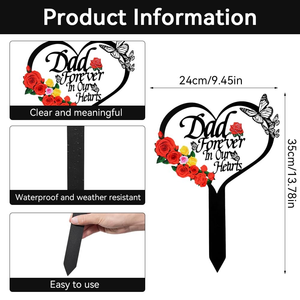 Memorial Grave Stake for Dad, Heart Marker, Metal Cemetery Decorations