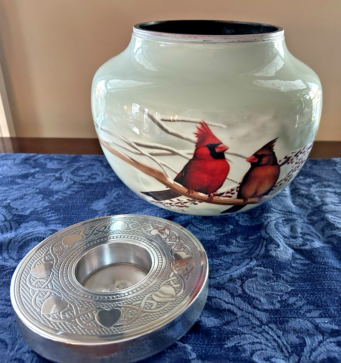 HLC Cardinal Bird Keepsake Memorial Cremation Urn & Candle Holder Handcrafted 8″