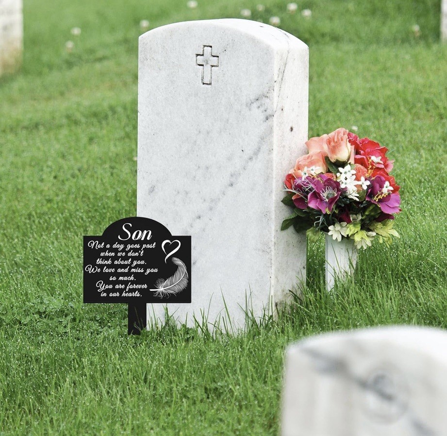 Memorial Grave Stake for Son – 13.8 × 7.9 inch Weatherproof Metal Grave Marker