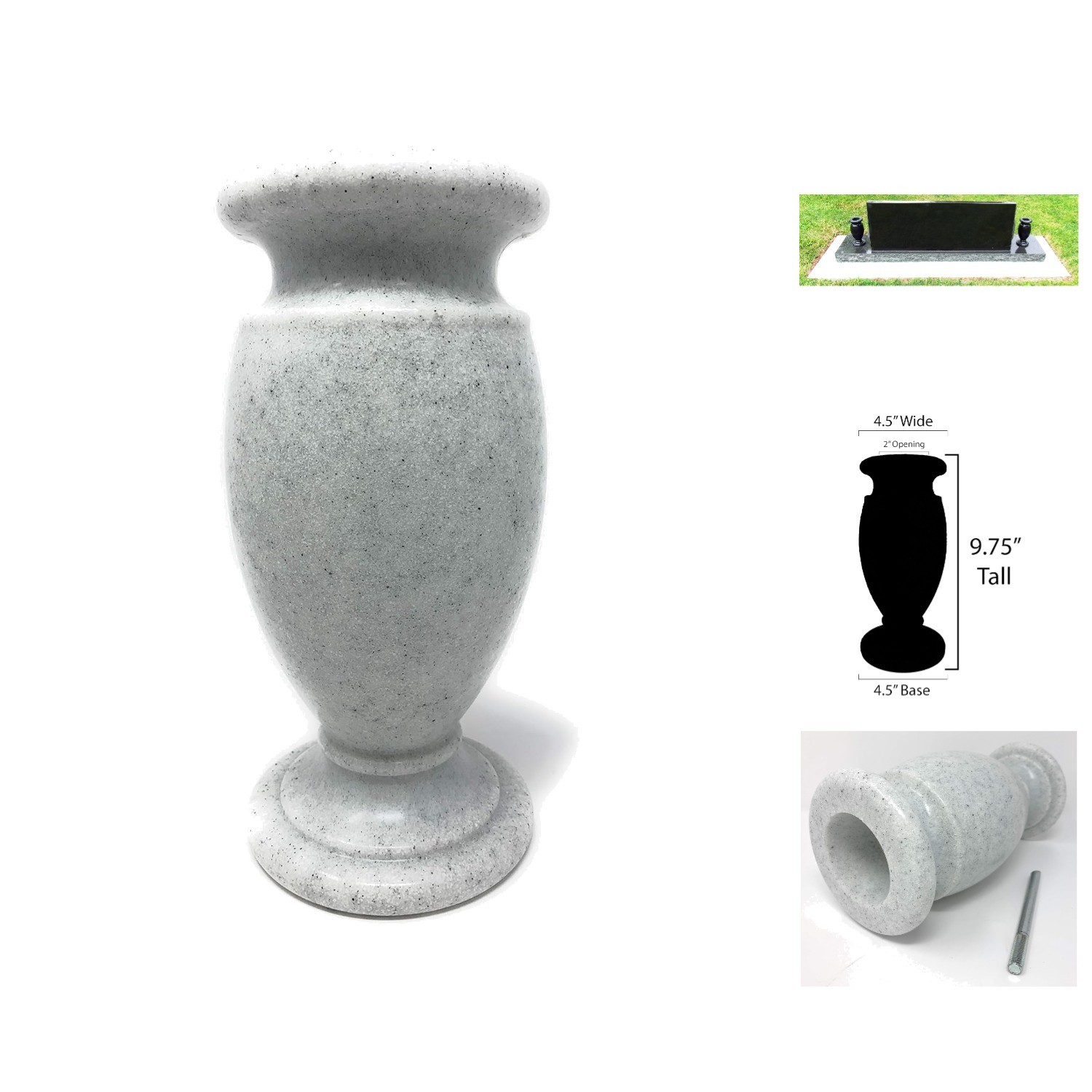 Durable Memorial Cemetery Flower Vase – White Granite Plastic with Ground Spike