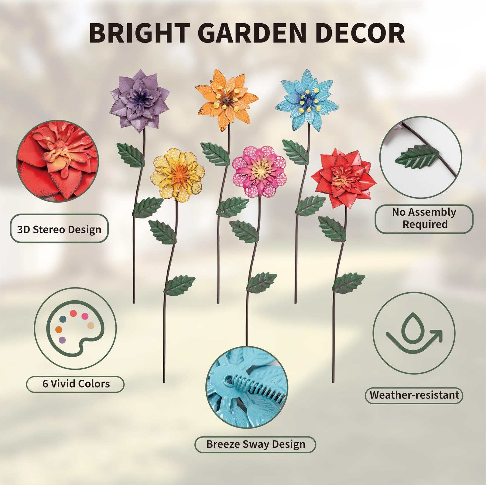 Garden Decor for Outside, 6 Pack Flower Garden Stakes Outdoor Decor Metal Sha…