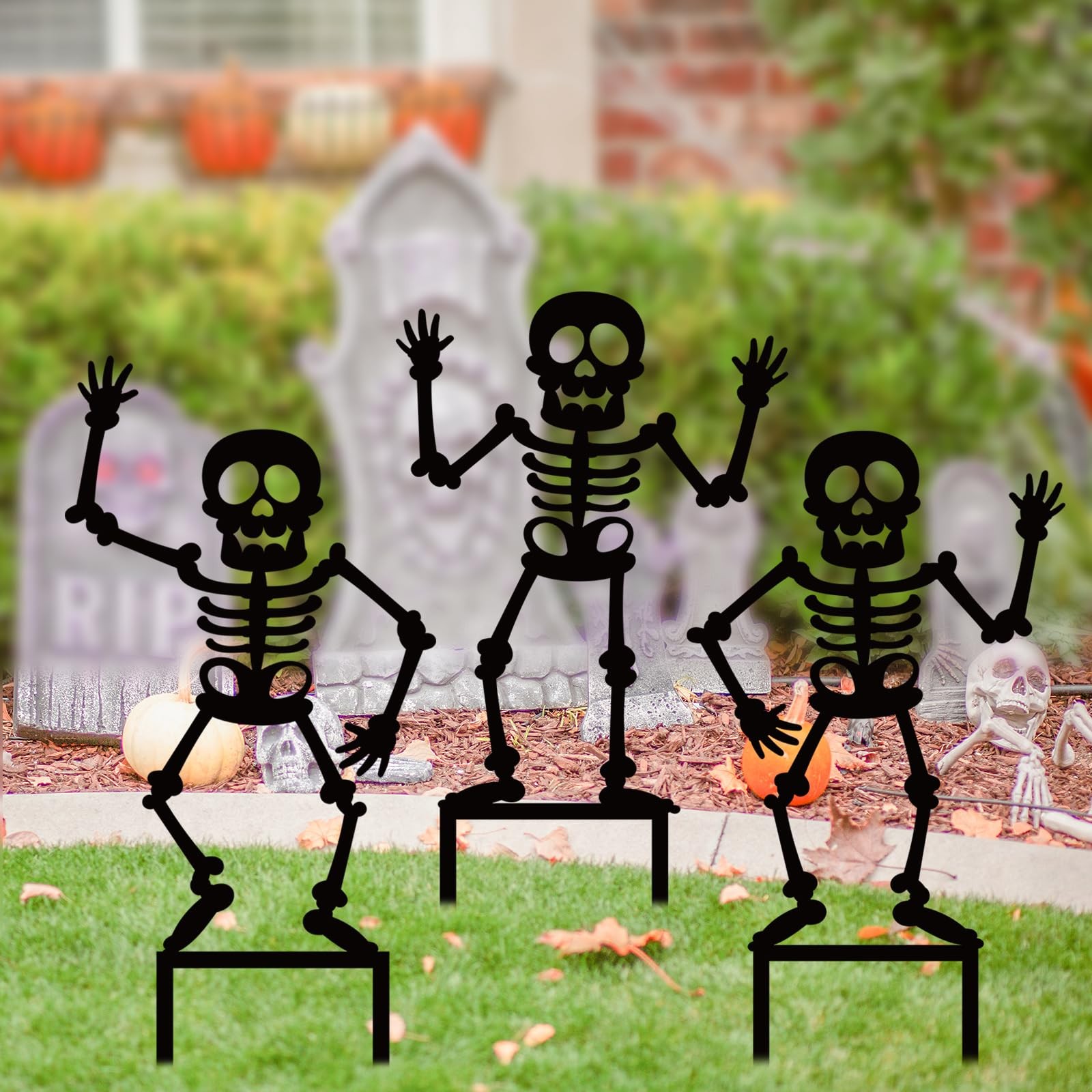 3Pcs Halloween Decoration Outdoor Metal Yard Stakes 45″ Tall Dancing Skeleton…