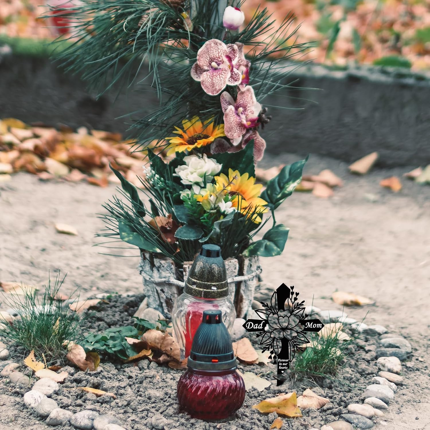 Dad and Mom Memorial Plaque Stake – Cemetery Flower Decorations – Metal Grave St