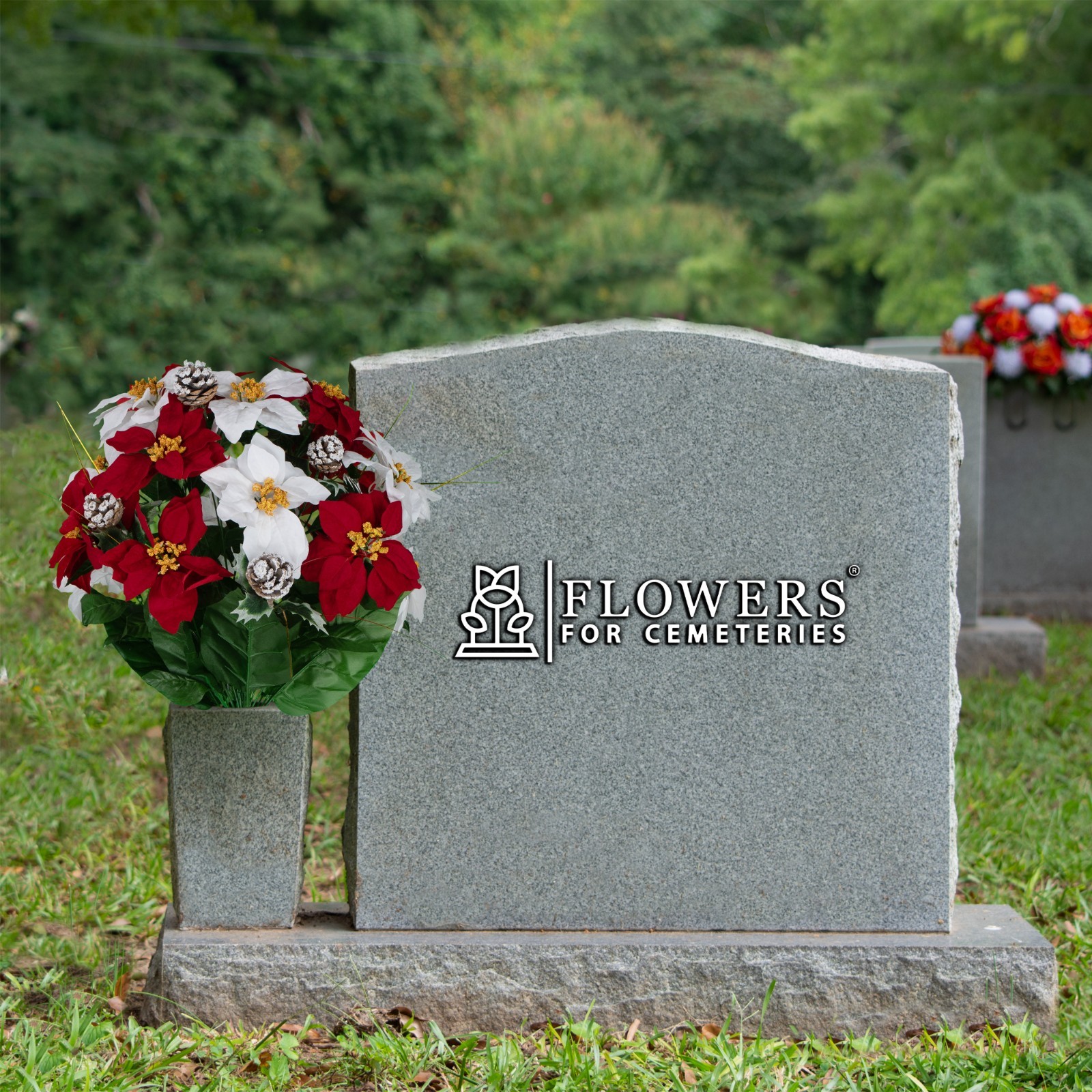Artificial Flowers for Cemetery – Red and White Poinsettias & Frosted Pinecones
