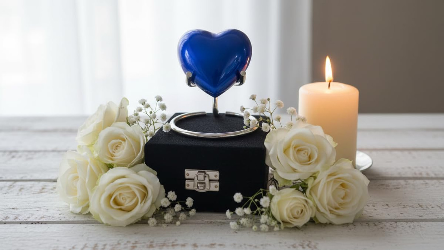 Beautiful Blue Heart Cremation Shape Urn for Ashes/Heart Keepsake Urn with Stand