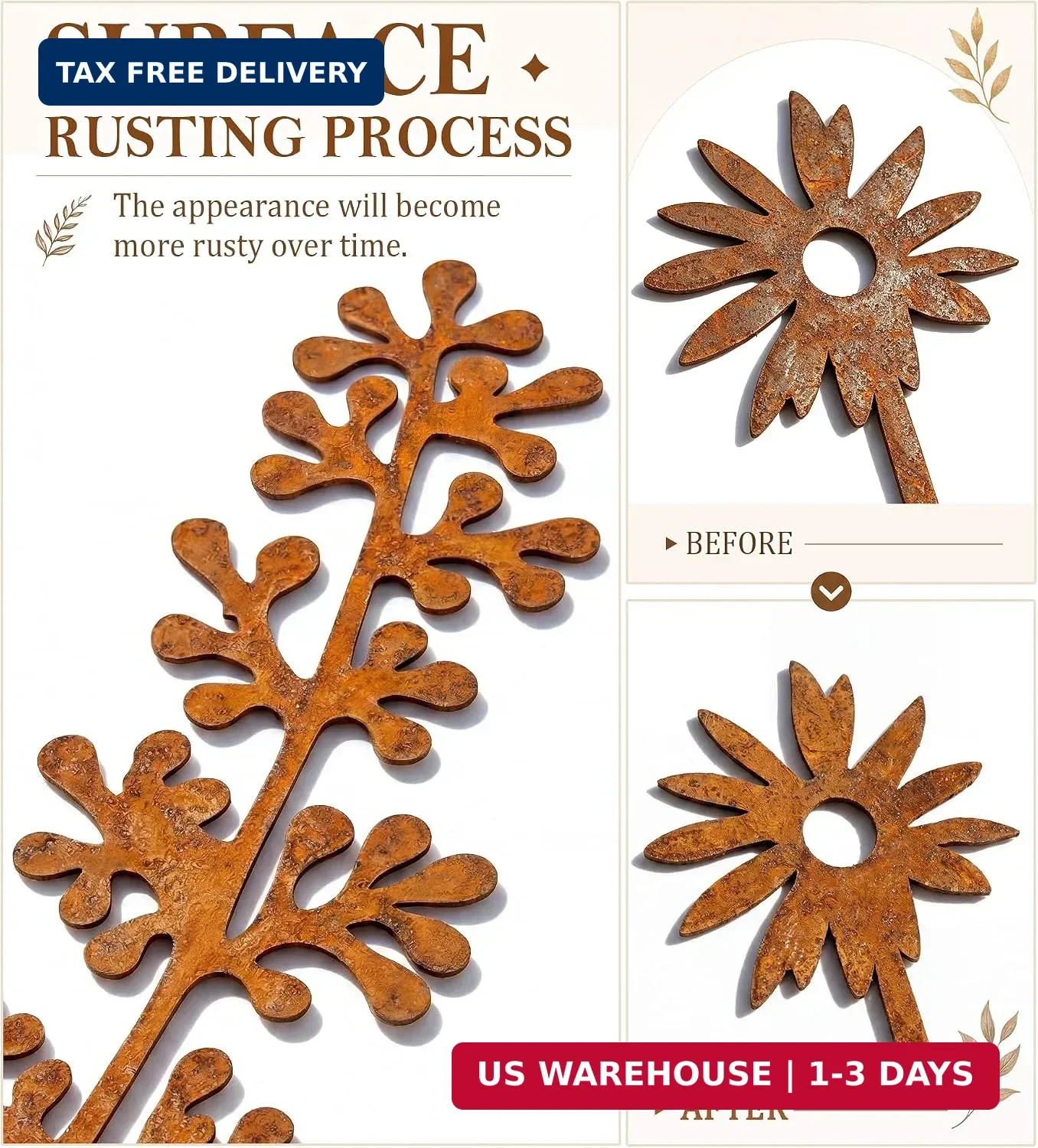 VIS’V Metal Decorative Garden Stakes, 15.7 Inch Rusty Flower Plant Yard Art Stak