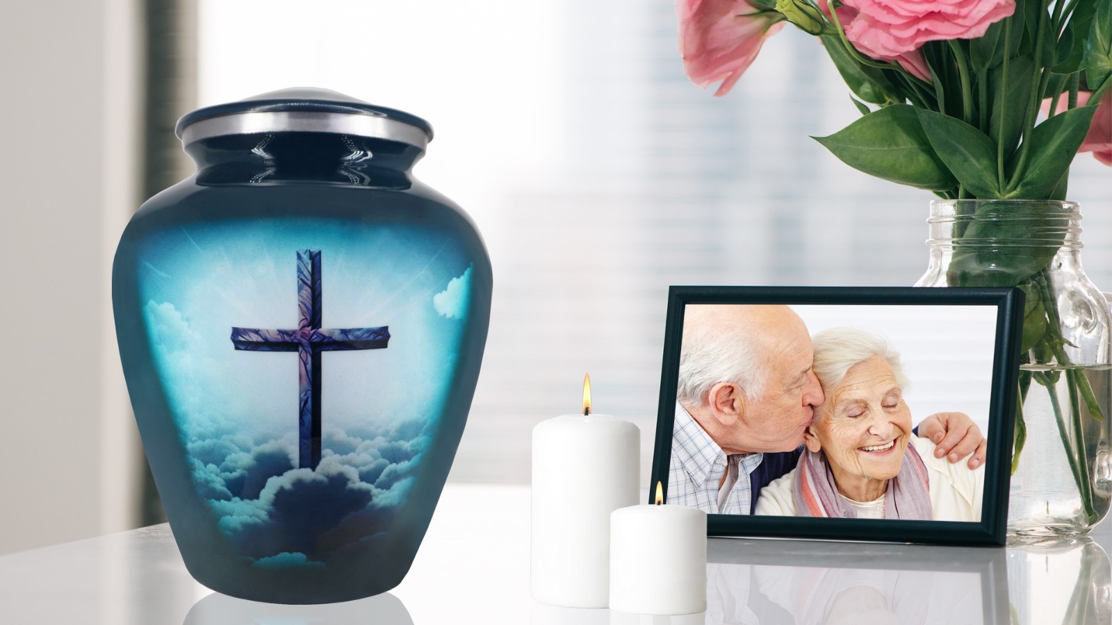 Cremation Urns for Human Ashes – Large Decorative Burial Urn with Religious Cros