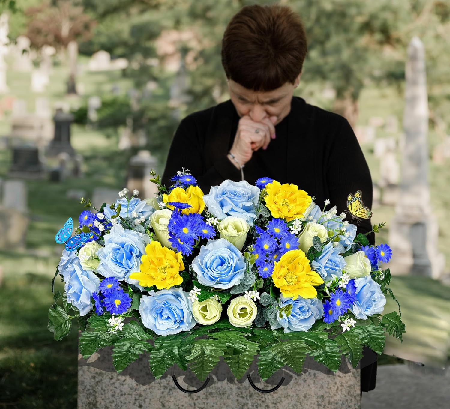 Silk Flower Saddle for Grave Decor – Blue & White Memorial Bouquet