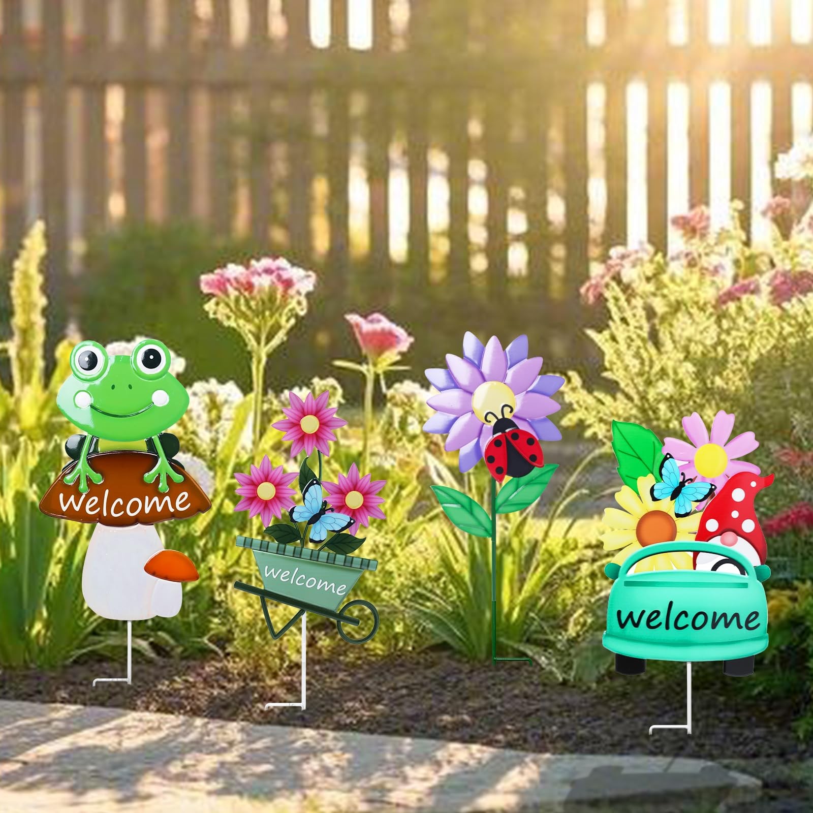 Decorative Garden Stakes Set – 4 Metal Yard Signs for Spring Outdoor Decor
