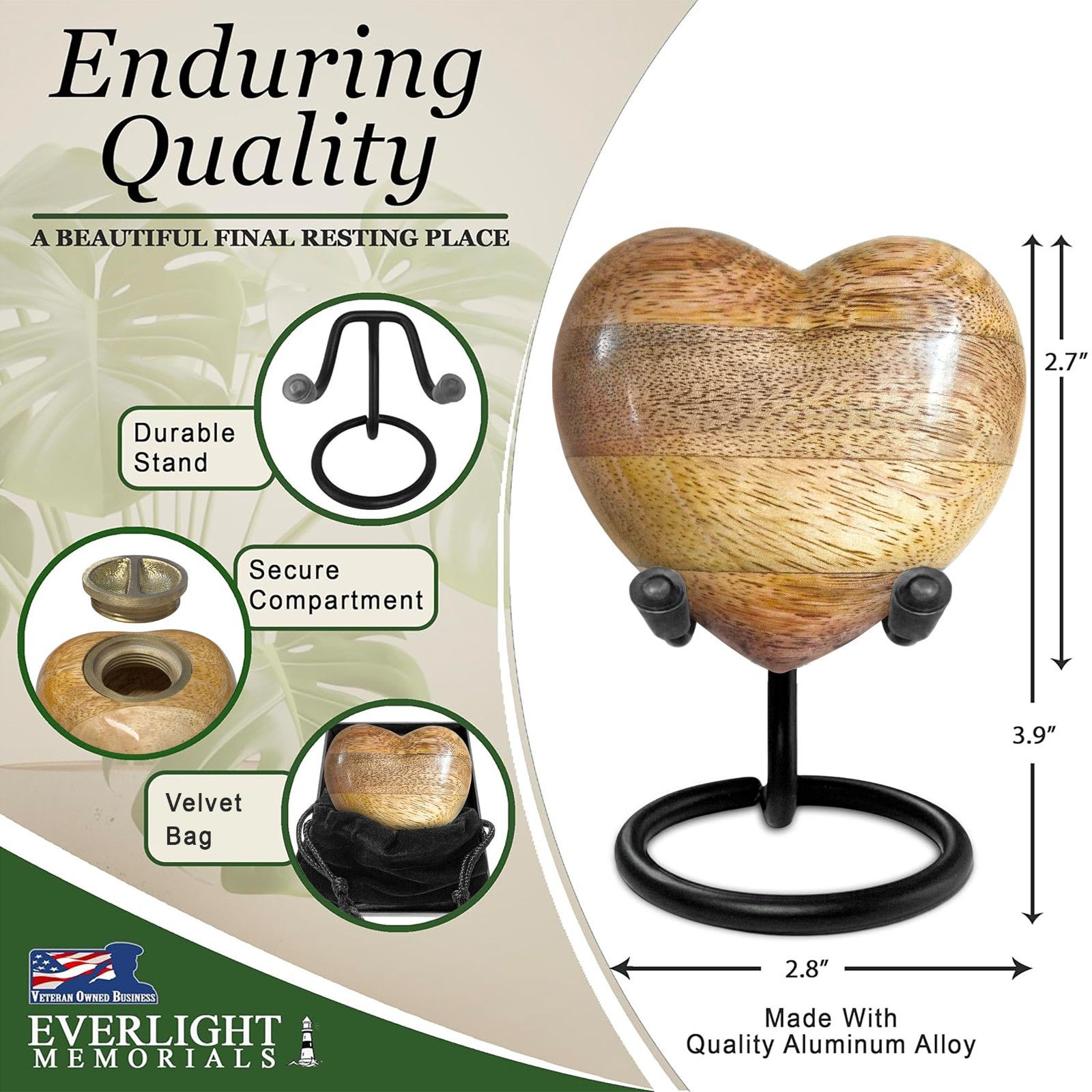 Handcrafted Wooden Heart Shaped Keepsake Sharing Urn for Human Ashes – Small