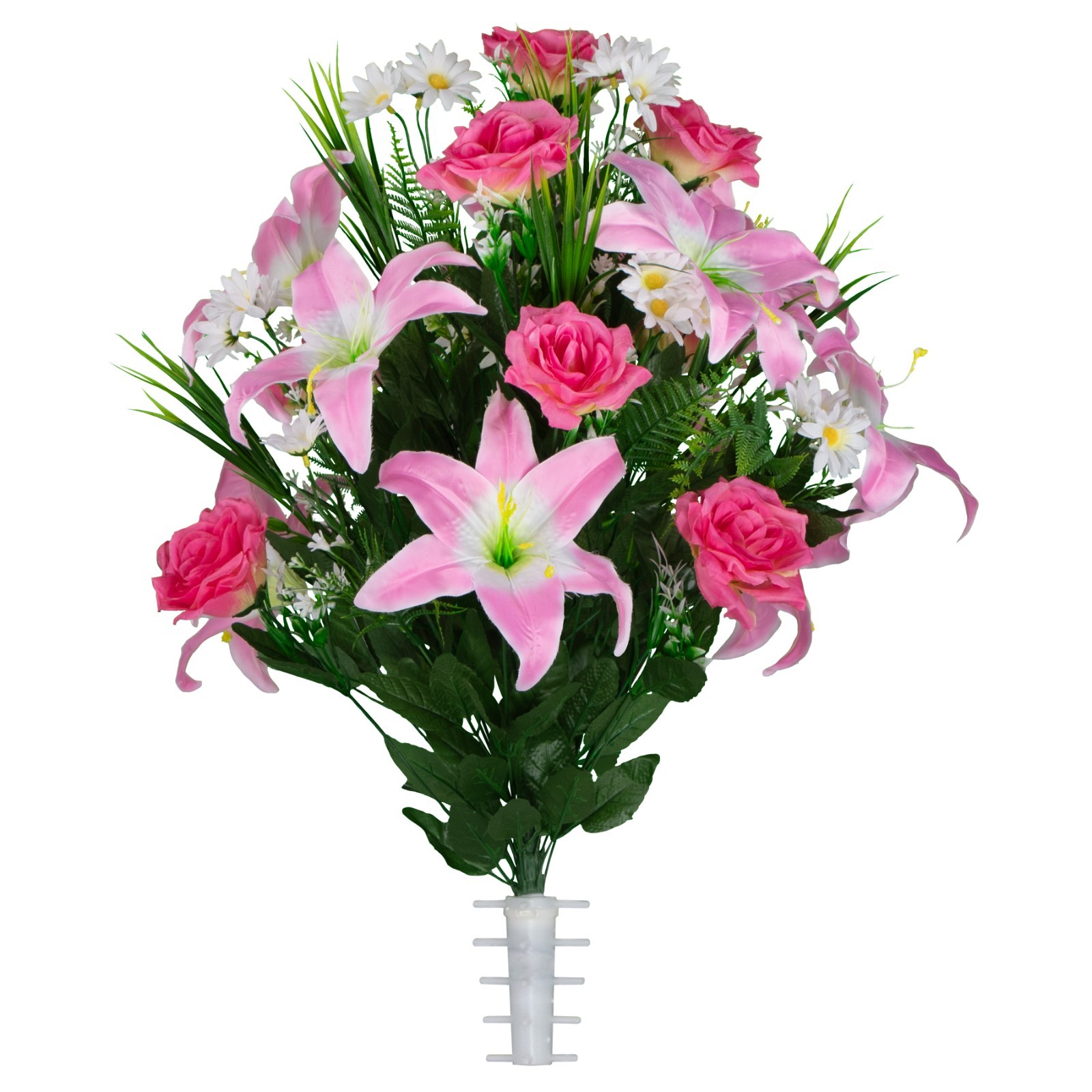 Artificial Cemetery Flowers – Pink Lily and Rose with White Daisies Bouquet