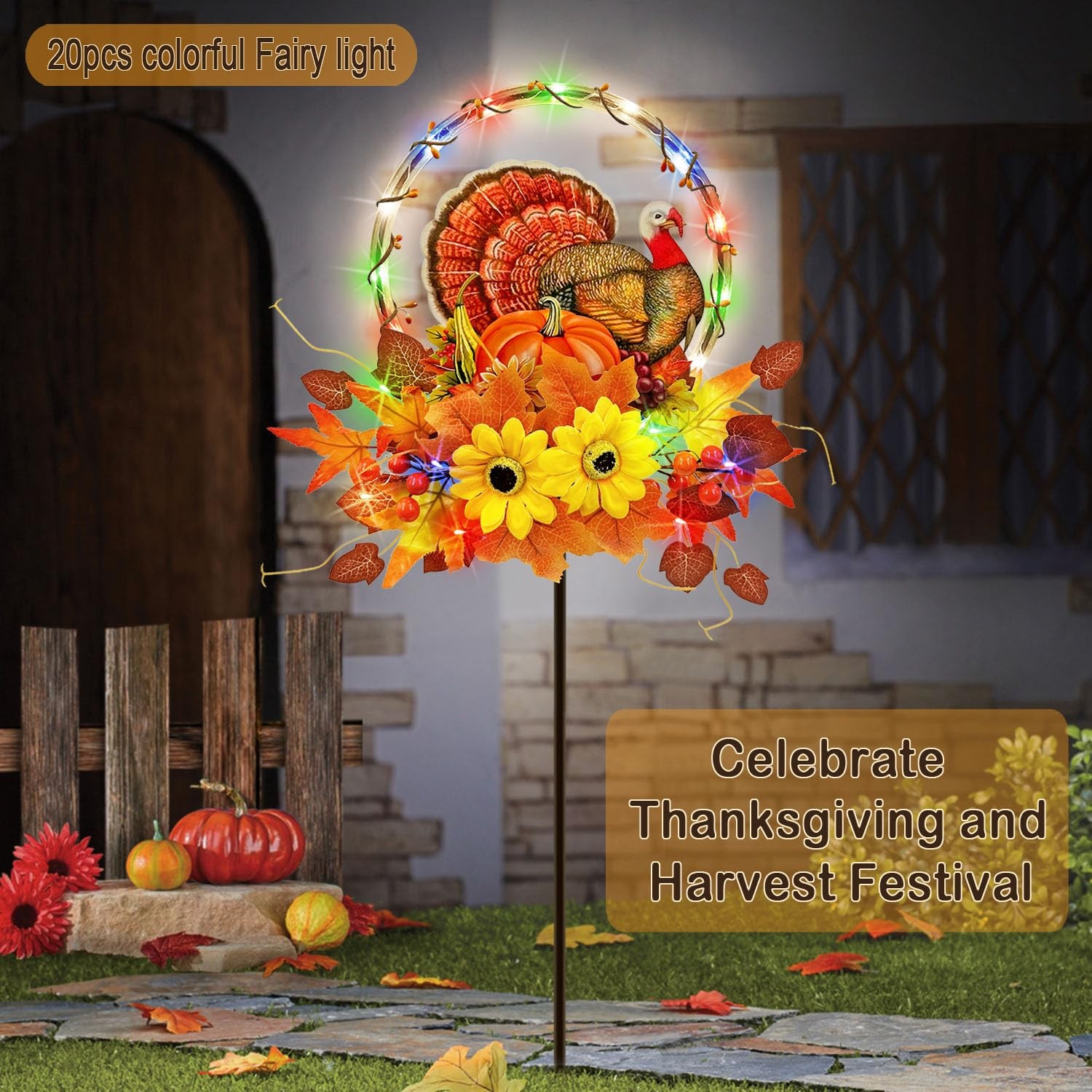 Multi-Color Solar Thanksgiving Turkey Outdoor Decor for Yard & Patio
