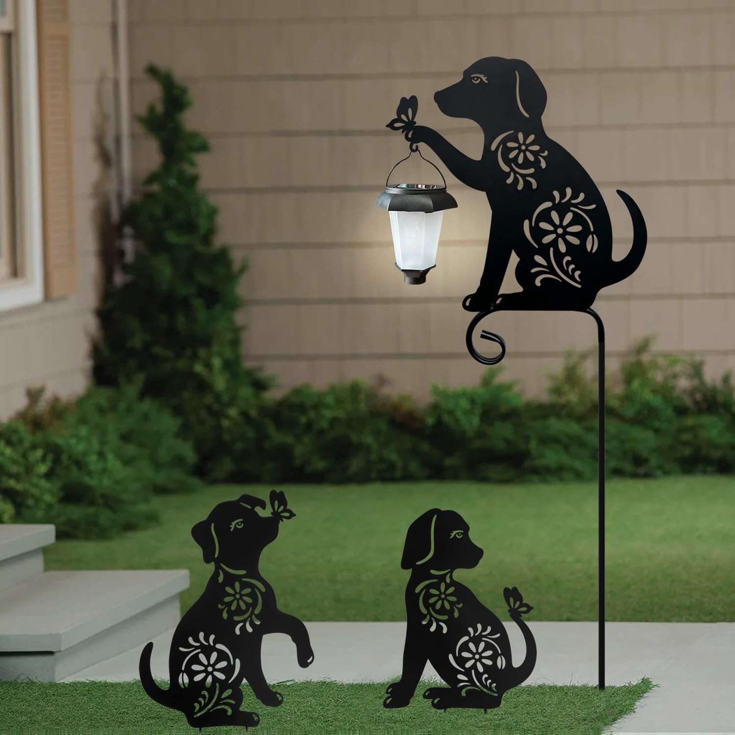 Solar Lantern Dog Garden Stakes – Outdoor Metal Decor for Lawns & Yards