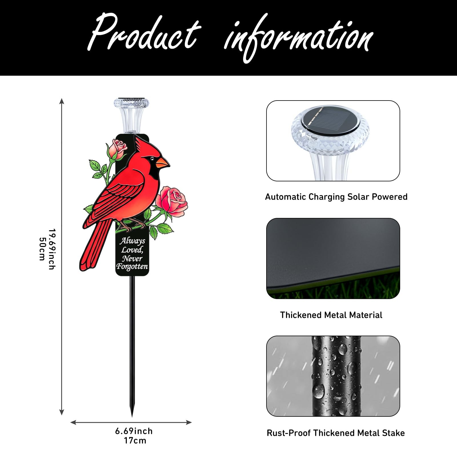 Solar Cardinal Memorial Stakes for Graves – Metal Cemetery Decorations with L…