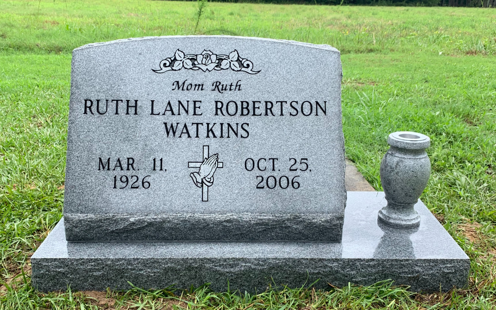 Grey Granite Slant Headstone Marker w/ Flower Vase & Base