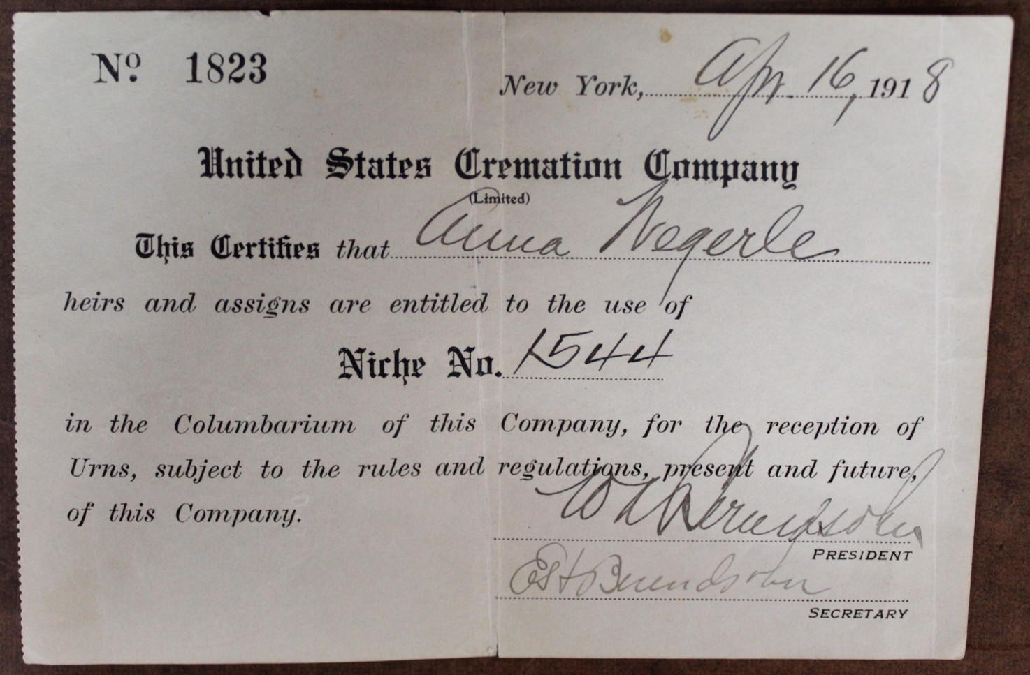Rare 1918 United States Cremation Company Receipt #1823 For Niche No. 1544