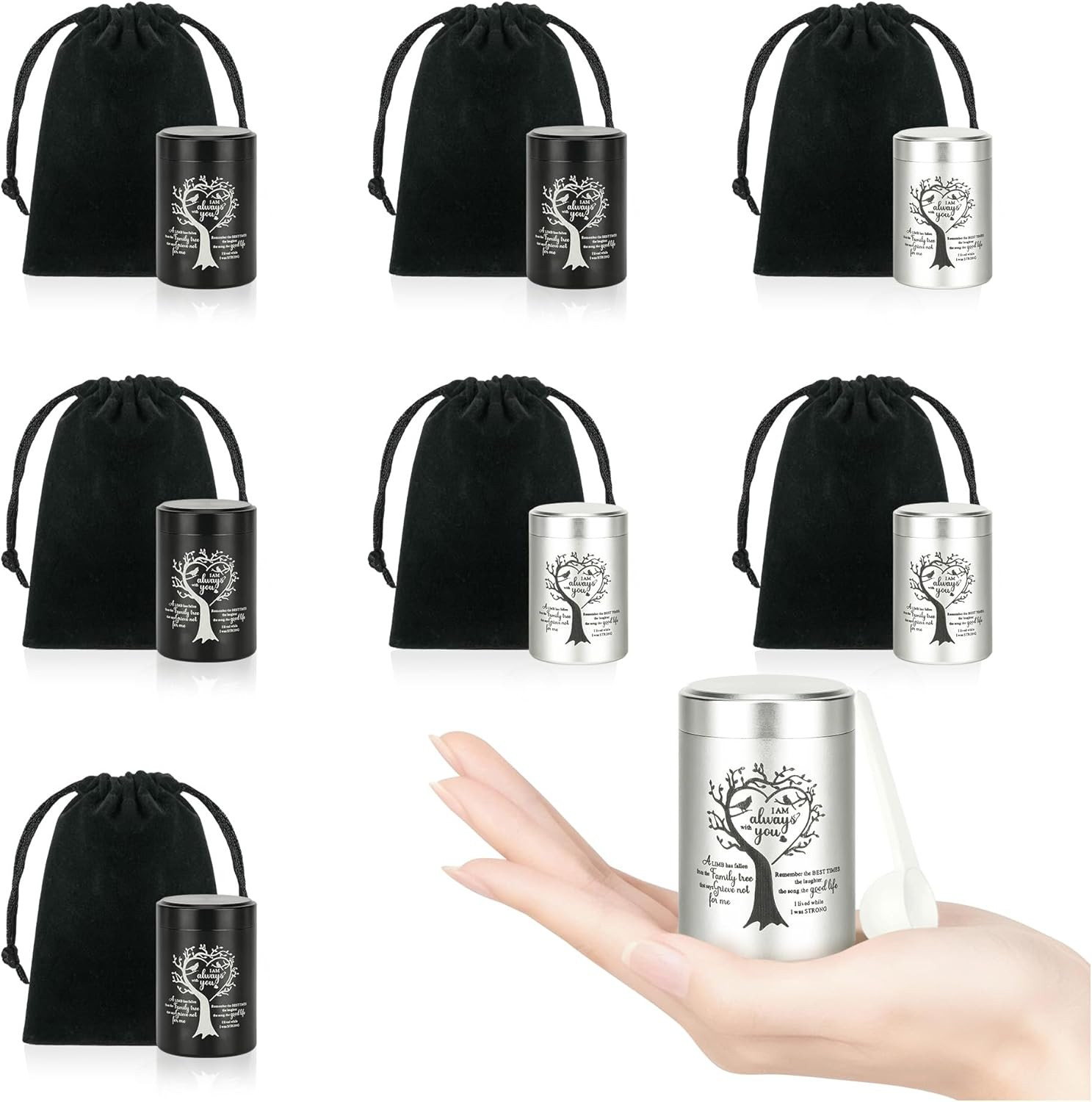 Mini Urns for Human Ashes Set of 8 – Aluminum Keepsake Urn with Velvet Bag